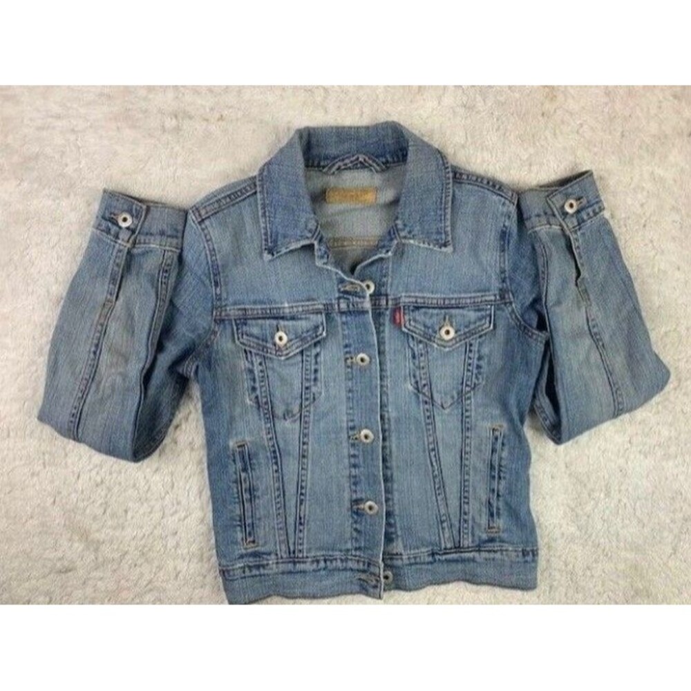 Levis Size S Womens Denim Jean Trucker Jacket Stretch Med Wash Button Front